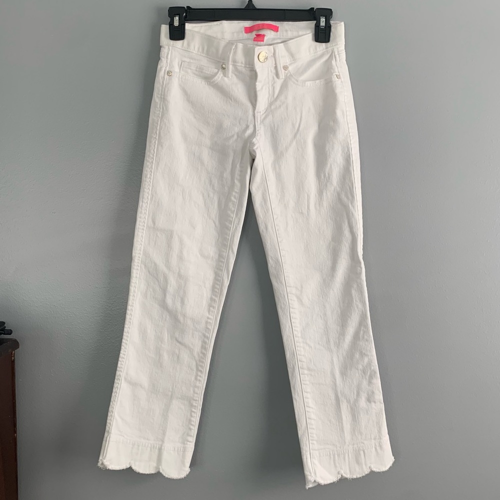 Lilly Pulitzer South Ocean Slim Crop Resort White Scalloped Jeans Sz 00 Pants